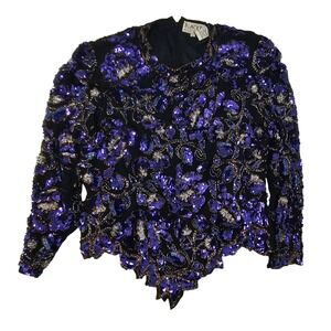 Black‎ Tie Oleg Cassini Vintage Purple Sequin Beaded Silk Floral Top Blouse XL